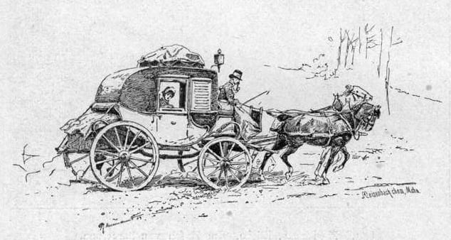 a black and white illustration of a horse-drawn coach
