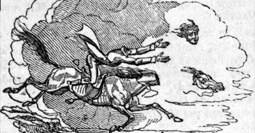 a black and white illustration of a dullahan, a headless horseman