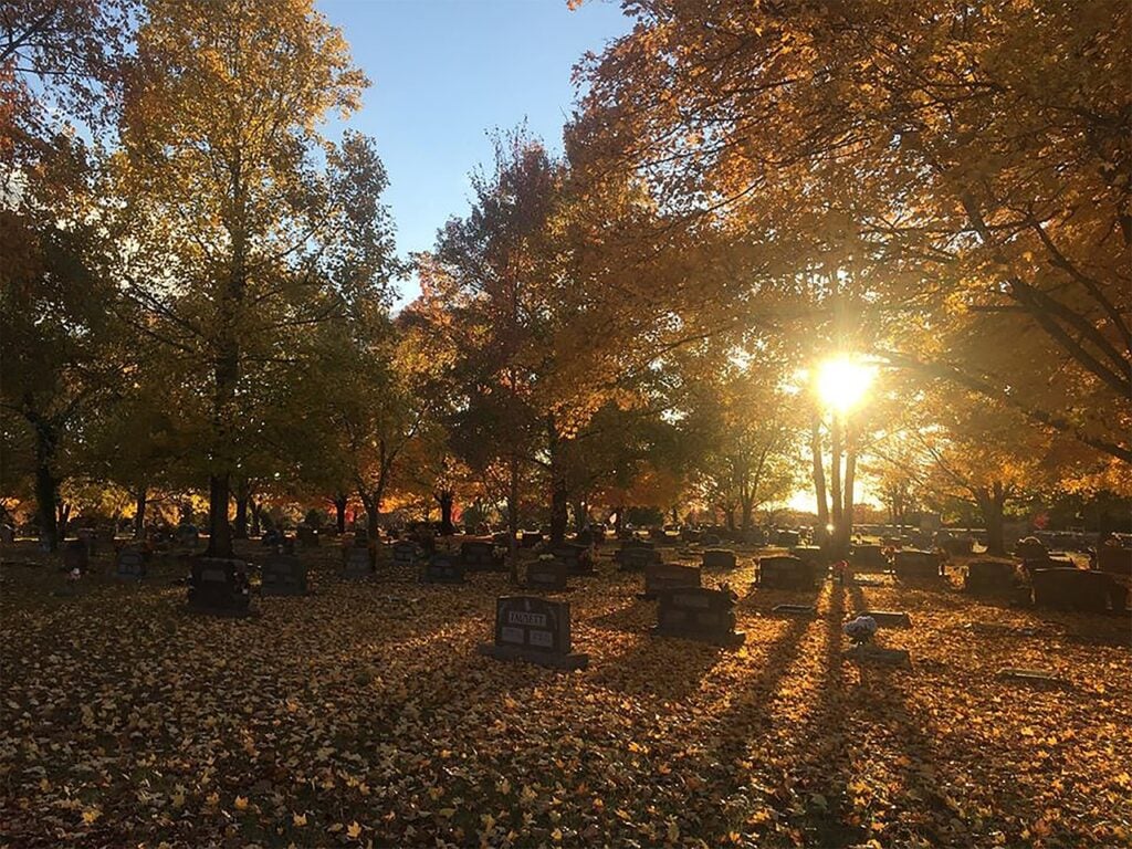 a cemetery in the woods in autumn at sunset. there are trees with orange leaves around, orange leaves on the ground, and a golden sunset glow breaking through the trees