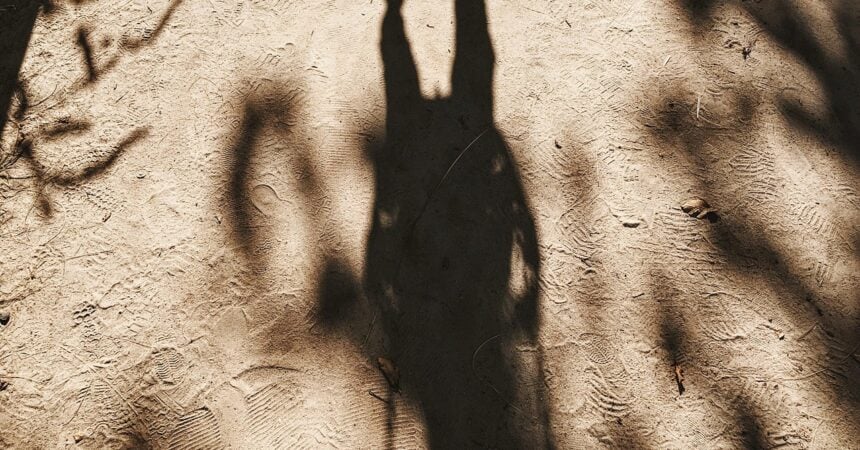 an upside-down shadow of a person on a swing seen in the sand