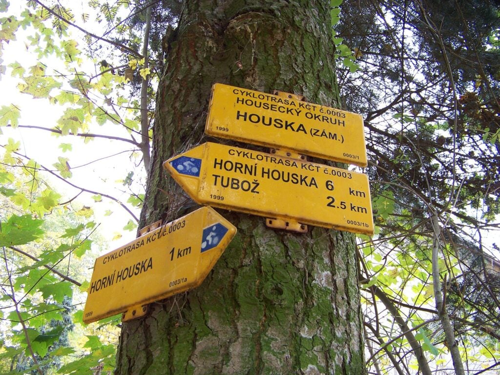 signs mounted on a tree pointing to Houska Castle