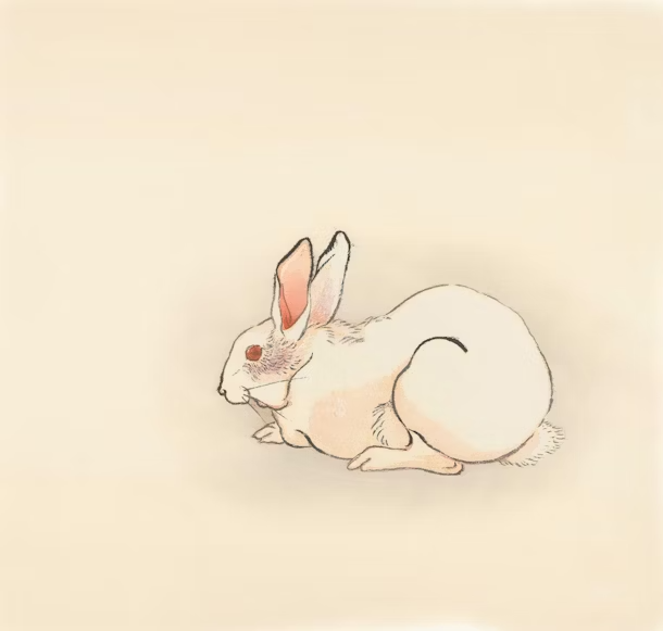 an illustration of a white rabbit with red eyes and pink ears
