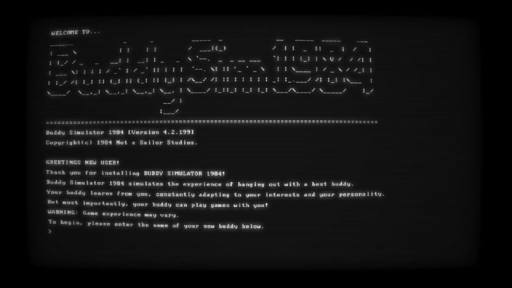 a screenshot from the video game Buddy Simulator 1984 showing a black computer screen with lots of white typing on it, indicating that the game is booting up