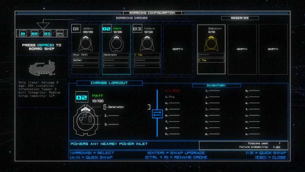 a screenshot from the video game Duskers showing drone schematics and programming