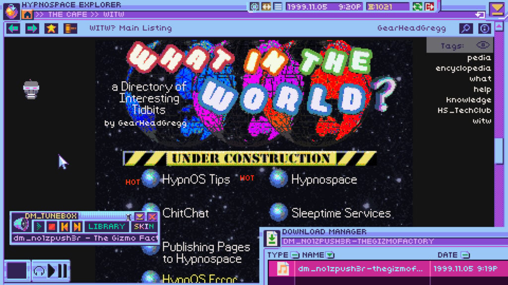 a screenshot from the video game Hypnospace Outlaw showing a neon nightmare of a Geocities-style, 90s-era website titled What In The World