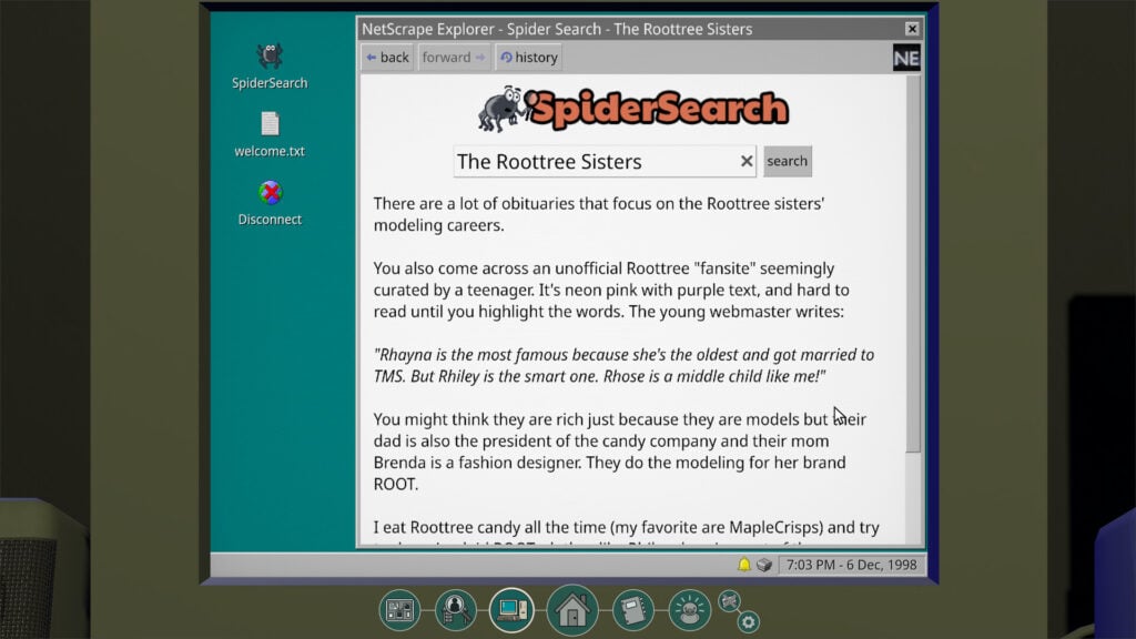 a screenshot from the video game The Roottrees Are Dead showing a computer screen with a search engine open and searching for the Roottree Sisters