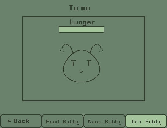 a screenshot from the video game Bubbaruka showing a Tamagotchi-like digital pet named Tomo