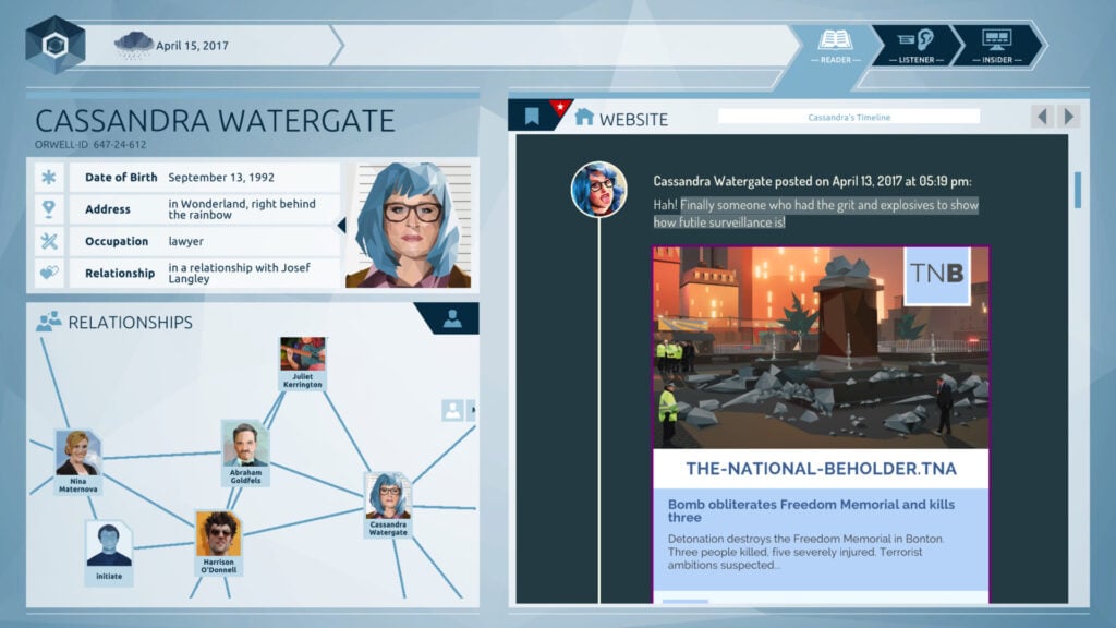 a screenshot from the video game Orwell showing the social media page of a person with shoulder-length blue hair and glasses named Cassandra Watergate