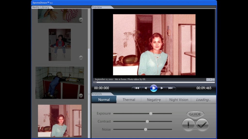 a screenshot from the video game Shutter Story showing a 90s-era photo analysis program examining a photograph of a person standing in front of a hallway in a home setting. there is a dark, mysterious figure behind them in the hallway