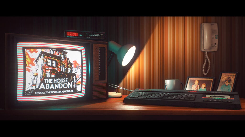 a screenshot from the video game Stories Untold showing a desk setup with an old CRT monitor and a keyboard. on the monitor is the title screen for a game called The House Abandon