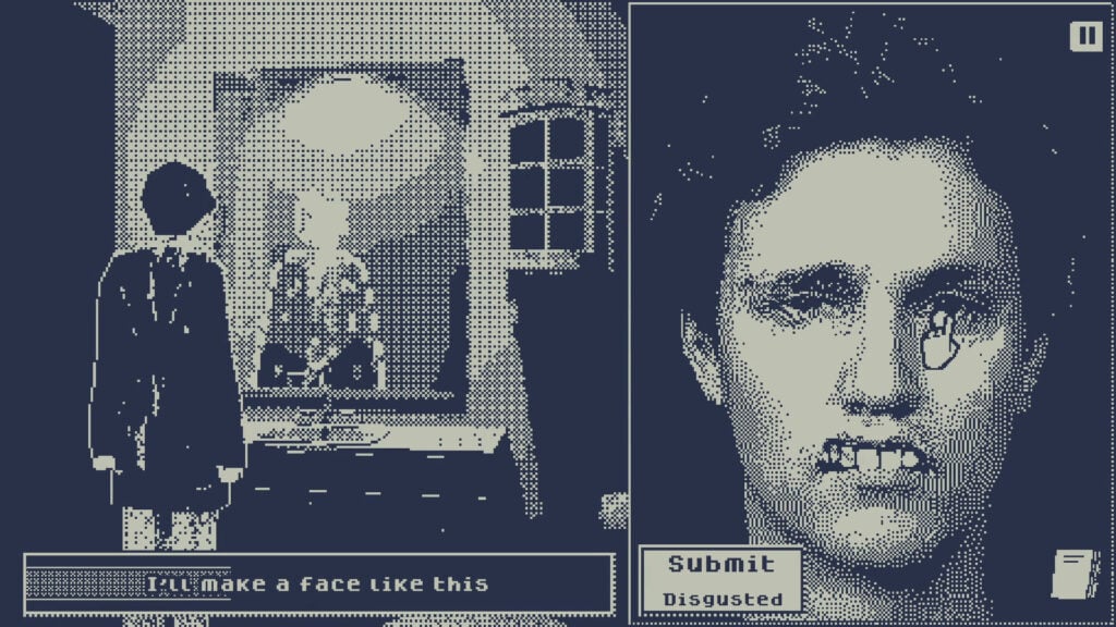 a screenshot from the video game Whos Lila showing a person looking into a mirror on the left with the caption "I'll make a face like this" and a close-up of a face being manipulated into an expression of disgust on the right