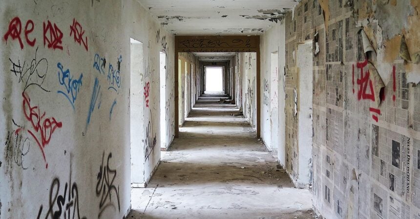 a hallway in an abandoned building, covered in graffiti, lined with open doors