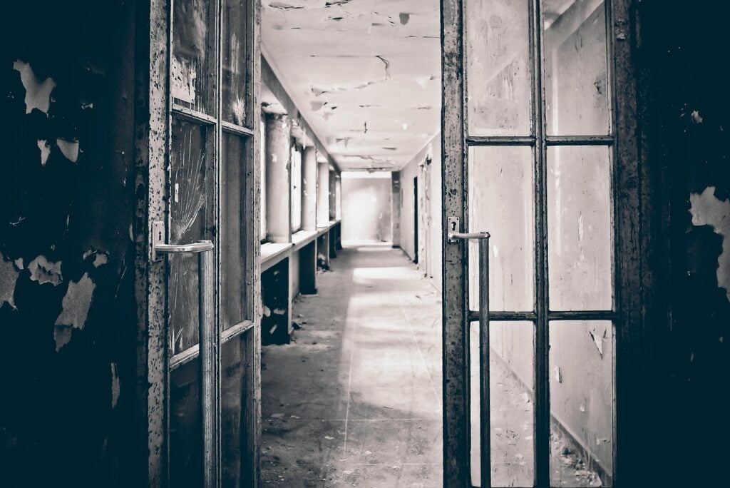 a hallway in an abandoned building with windows and doors all down it