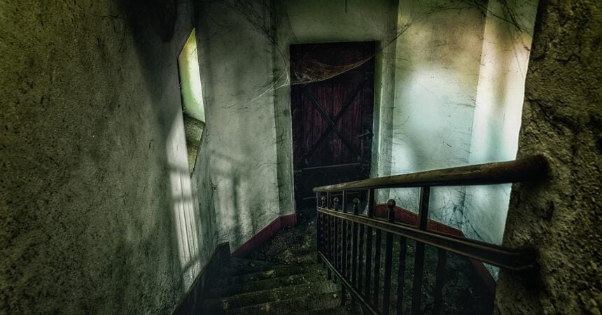 looking down a staircase in an abandoned building towards a landing with a closed wood door