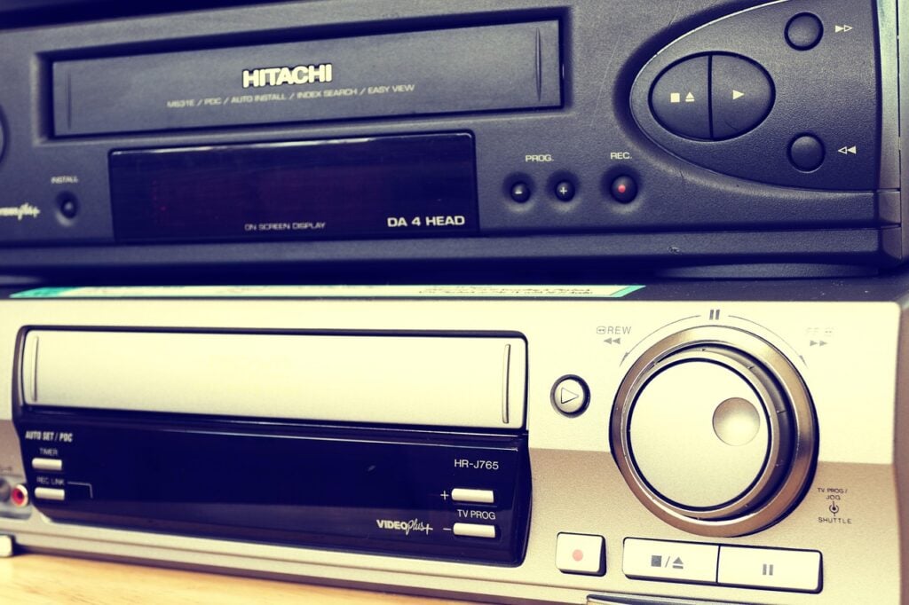 A VCR and DVD player, stacked
